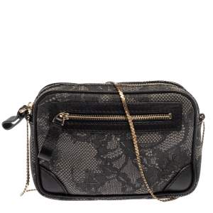 Valentino Black Lace Print Coated Canvas and Leather Crossbody Bag