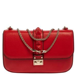 Pre Owned Valentino Red Lipstick Leather Medium Rockstud Glam Lock Flap Bag