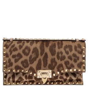 Pre Owned Valentino Brown Pony Hair Rockstud Flap Clutch Bag