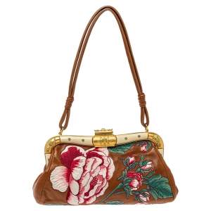 Pre Owned Valentino Brown Leather Floral Embroidered Frame Baguette Bag