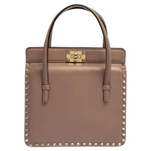 Pre Owned Valentino Beige Leather Rockstud Frame Tote