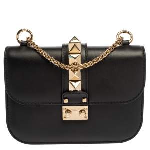 Pre Owned Valentino Black Leather Small Rockstud Glam Lock Flap Bag