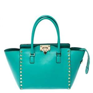 Pre Owned Valentino Green Leather Small Rockstud Trapeze Tote