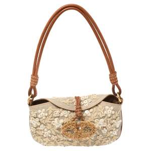 مملوكة مسبقًا Valentino Cream Canvas Embroidered Catch Hobo