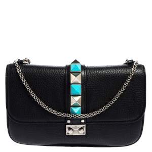 Pre Owned Valentino Black Grained Leather Rockstud Medium Glam Lock Flap Bag