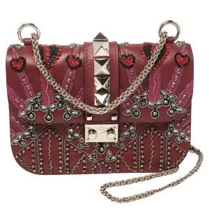 مملوكة مسبقًا Valentino Burgundy Beads Embellished Leather Small Love Blade Rockstud Glam Lock Shoulder Bag