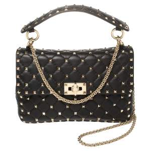 Pre Owned Valentino Black Quilted Leather Rockstud Spike Top Handle Bag
