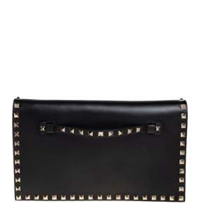 Pre Owned Valentino Black Leather Rockstud Wristlet Clutch