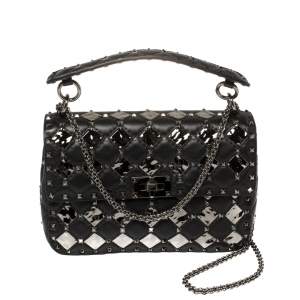 Pre Owned Valentino Black Metal Rhombus Leather Medium Rockstud Spike.It Chain Shoulder Bag