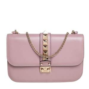 Pre Owned Valentino Pink Leather Medium Rockstud Glam Lock Flap Bag