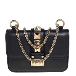 Pre Owned Valentino Black Leather Mini Rockstud Glam Lock Shoulder Bag