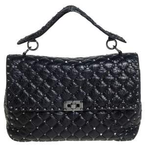 مملوكة مسبقًا Valentino Black Leather Large Rockstud Spike Top Handle Bag