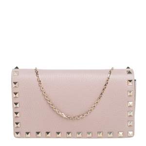 Pre Owned حقيبة كلتش فالنتينو روكستد جلد وردي بقلاب وسلسلة