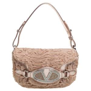 Valentino Beige/Metallic Lamb Fur and Leather Embellished VRing Double Flap Baguette Bag