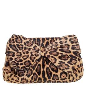 Pre Owned Valentino Leopard Print Pony Hair Bow Clutch