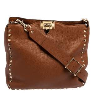 Valentino Brown Pebbled Leather Rockstud Flip Lock Messenger Bag