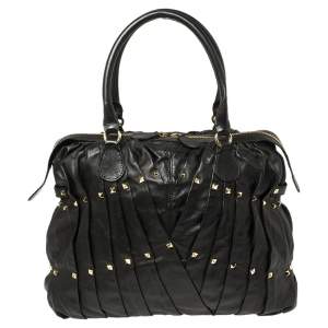 Valentino Black Leather Rockstud Boston Bag