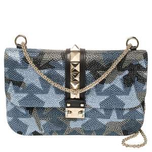 Pre Owned Valentino Multicolor Crystal Embellished Leather Medium Camustars Glam Lock Flap Bag
