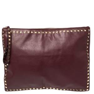 Pre Owned Valentino Burgundy Leather Rockstud Clutch