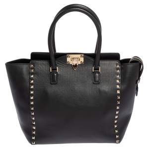 مملوكة مسبقًا Valentino Black Leather Small Rockstud Shopper Tote