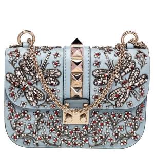 Pre Owned Valentino Grey Leather Embellished Rockstud Glam Lock Chain Shoulder Bag