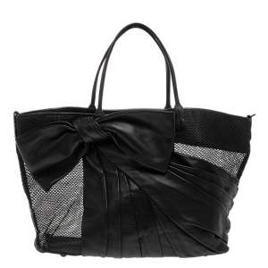 Valentino Black Leather And Mesh Bow Tote