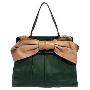 Pre Owned Valentino Green/Beige Leather Aphrodite Bow Bag