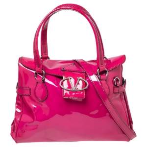 Valentino Pink Patent Leather Crystal VLogo Flap Shoulder Bag