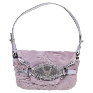 Valentino Purple Leather And Fur Embellished Shoulder Bag