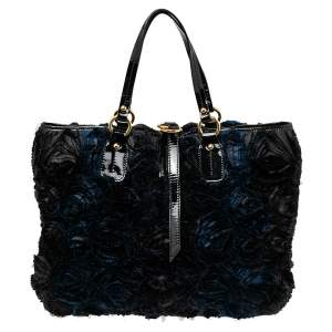 مملوكة مسبقًا Valentino Navy Floral Applique Satin and Patent Leather Tote