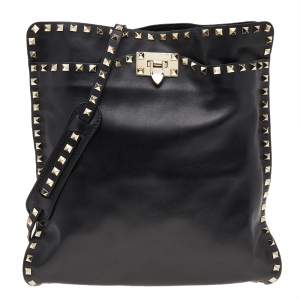 Valentino Black Leather Rockstud Flip-Lock Messenger Bag