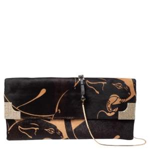 Valentino Black/Brown Printed Calfhair Crystal Embellished Flap Chain Clutch