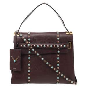 Pre Owned Valentino Burgundy Leather Medium My Rockstud Rolling Top Handle Bag