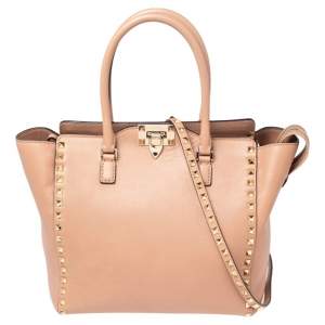 Pre Owned Valentino Beige Leather Rockstud Trapeze Tote