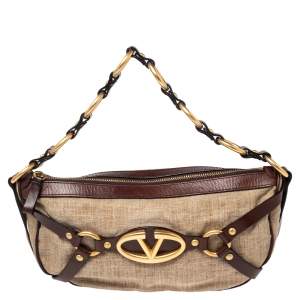 مملوكة مسبقًا حقيبة صغيرة فالنتينو جلد وكانفاس بني/بيج مزينة شعار الماركة حرف ڨي