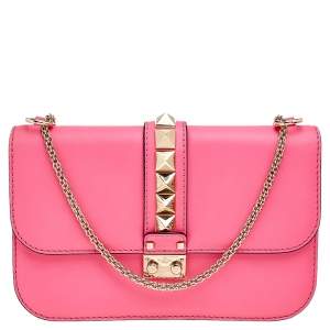 Valentino Pink Leather Medium Rockstud Glam Lock Flap Shoulder Bag