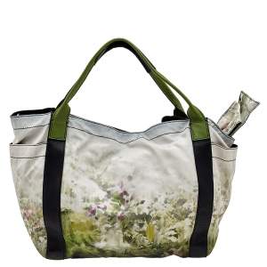 Valentino Green/Black Printed Nylon And Leather Double Pocket Bow Tote