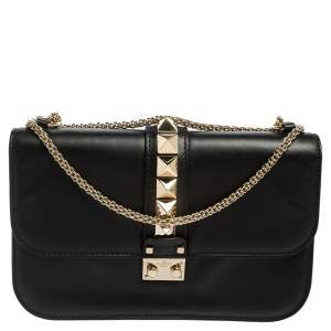 Pre Owned Valentino Black Leather Medium Rockstud Glam Lock Flap Bag