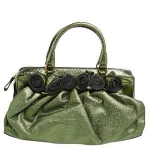 Valentino Metallic Green Snakeskin And Leather Lacca Fleur Frame Satchel