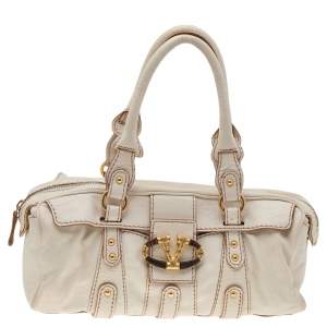 Pre Owned Valentino Cream Leather VLogo Flap Satchel
