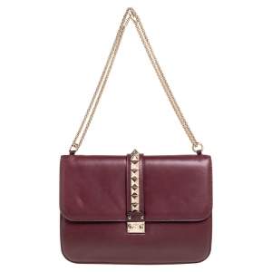 مملوكة مسبقًا Valentino Burgundy Leather XL Rockstud Glam Lock Shoulder Bag