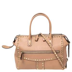 Pre Owned Valentino Dusty Pink Leather Rockstud Zip Satchel