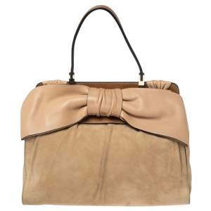 Valentino Beige/Brown Suede and Leather Aphrodite Bow Top Handle Bag