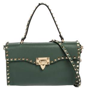 Pre Owned Valentino Green Leather Rockstud Flip Lock Top Handle Bag