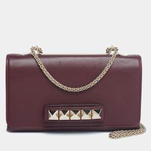 Valentino Burgundy Leather Rockstud Va Va Voom Chain Clutch