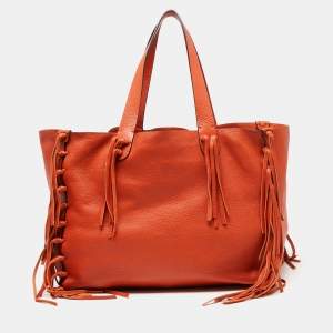 Pre Owned Valentino Orange Pebbled Leather Fringe C-Rockee Tote