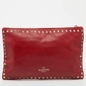 Valentino Red Leather Rockstud Oversized Top Zip Pouch
