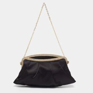 Valentino Black Satin Frame Embellished Crystals Chain Clutch