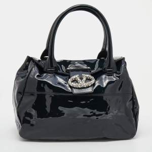 Pre Owned Valentino Navy Blue Patent Leather Crystal VLogo Satchel