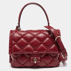 Pre Owned Valentino Red Quilted Leather Medium Candystud Top Handle Bag